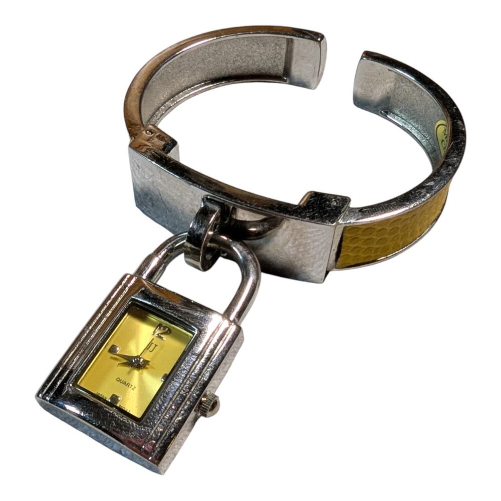 Vtg Y2K Silver Metal Yellow Faux Leather Cuff Bracelet Dangling Padlock Watch